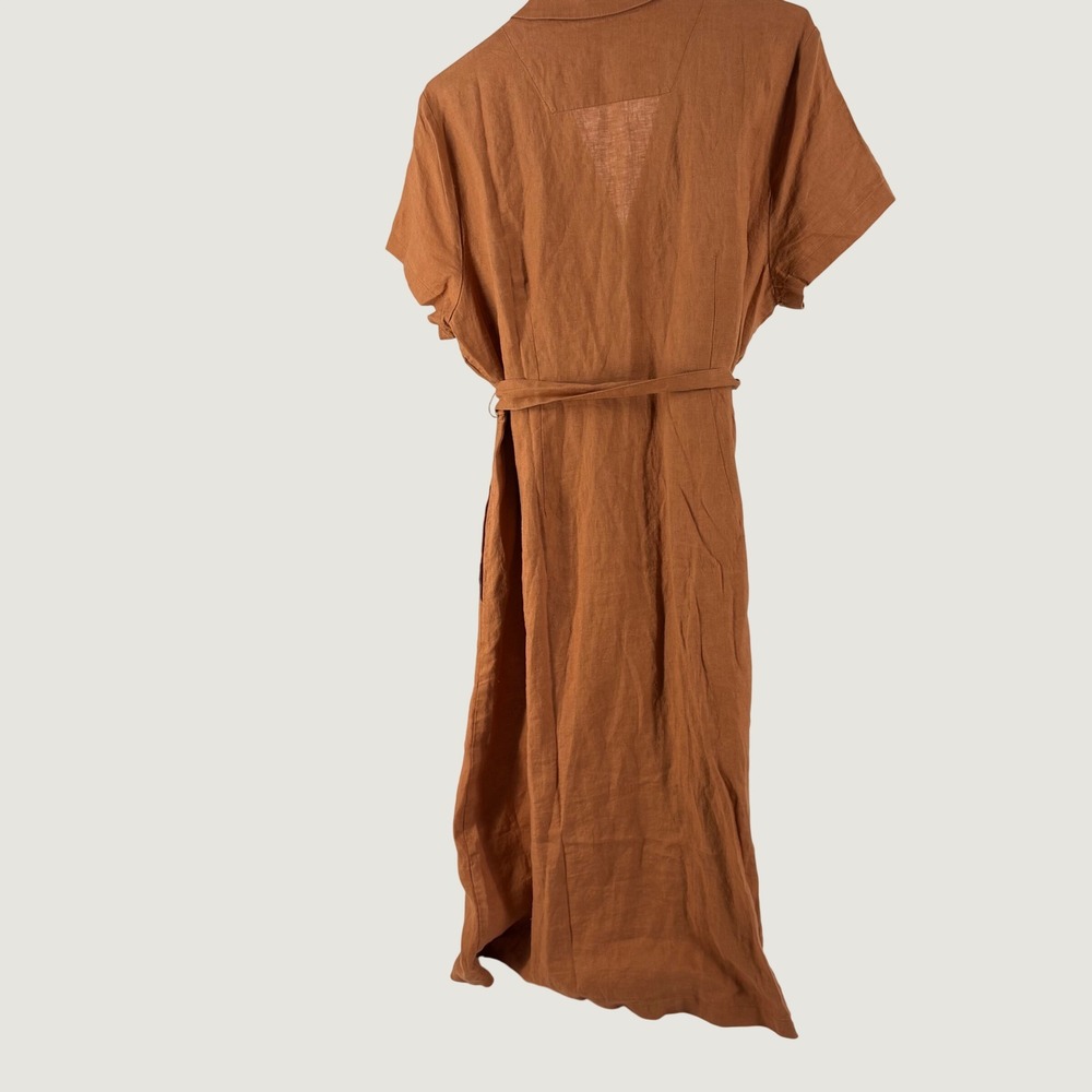 Quince Linen Shirt Dress Womens XL Brown Short Sleeve Button Front Midi Belted - Picture 2 of 9